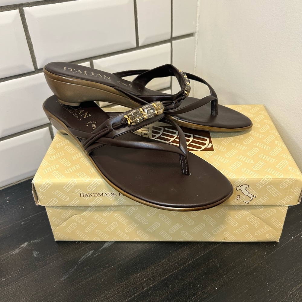 Italian Shoemakers Chocolate Sandals with Gold Accent